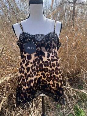 Storia Leopard Print Lace Trim Satin Camisole Top
